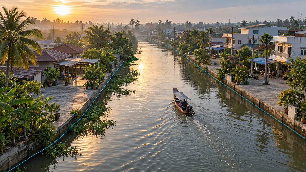 คลองในชานเมืองที่มีเรือหางยาว บ้านและอาคารพาณิชย์สองฝั่งถอยห่างจากตลิ่งมีลานและต้นไม้คั่น