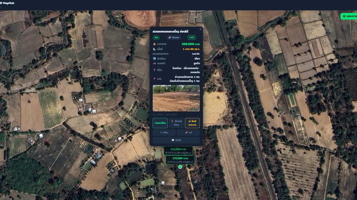 หน้าจอ TNR MapHub แสดงข้อมูลแปลงที่ดิน ประเภทเอกสาร น.ส.3ก และสีผังเมือง