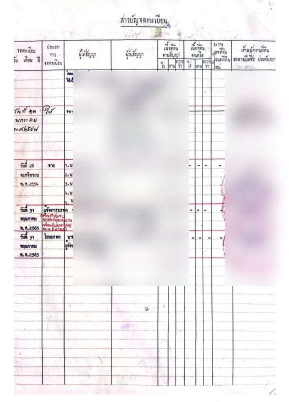 หน้าสารบัญจดทะเบียนหลังโฉนดที่ดิน แสดงรายการจดทะเบียนและภาระผูกพัน