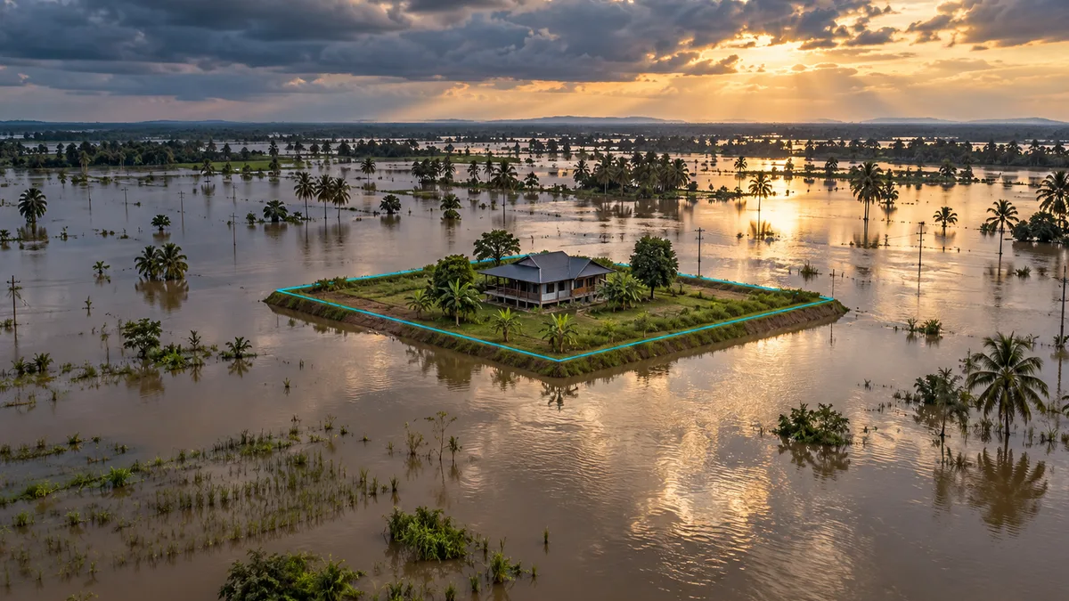 ภาพมุมโดรนของทุ่งราบลุ่มที่ถูกน้ำท่วม มีแปลงที่ถมยกสูงเป็นเกาะสี่เหลี่ยมพร้อมบ้านหลังเดียว ถนนเข้าแปลงจมน้ำ