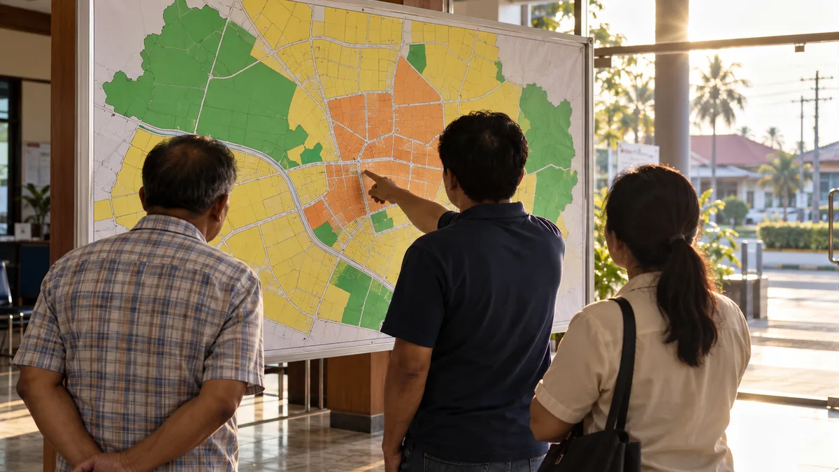 บอร์ดปิดประกาศร่างผังเมืองรวมที่สำนักงานเขต มีแผนที่สีขนาดใหญ่ ประชาชนยืนดูและชี้หาตำแหน่งที่ดินของตัวเอง