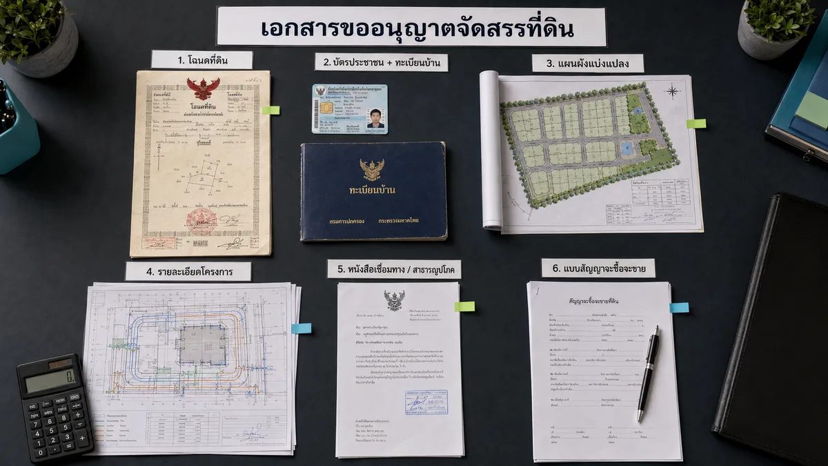 เอกสารขออนุญาตจัดสรรที่ดิน 6 รายการ — โฉนดที่ดิน บัตรประชาชน ทะเบียนบ้าน แผนผังแบ่งแปลง รายละเอียดโครงการ หนังสือเชื่อมทาง และแบบสัญญาจะซื้อจะขาย