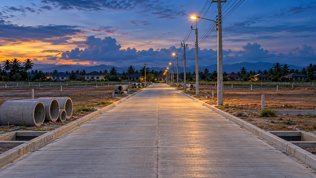 ถนนคอนกรีตใหม่ภายในโครงการจัดสรรที่กำลังก่อสร้าง มีเสาไฟฟ้าเรียงแถวและแปลงที่ดินเปล่าสองฝั่ง ช่วงพลบค่ำ