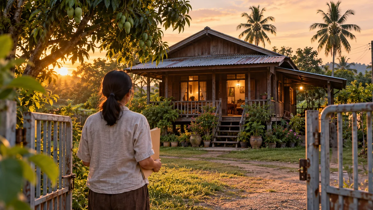 บ้านไทยกับที่ดินในช่วงเย็น ด้านหน้ามีเจ้าของบ้านยืนถือแฟ้มเอกสาร มองไปที่บ้านของตัวเอง