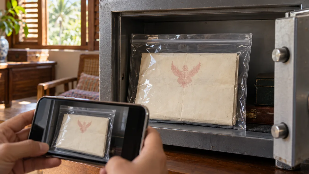 โฉนดที่ดินใส่ซองพลาสติกกันน้ำวางในตู้เซฟเหล็ก ข้างกันมีมือถือถ่ายสำเนาเอกสาร