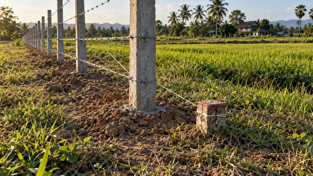 แนวเสารั้วคอนกรีตใหม่ของแปลงข้างเคียงสร้างล้ำออกไปจากหมุดหลักเขตหัวแดงเดิม มีเชือกขึงตามแนวเขตจริง
