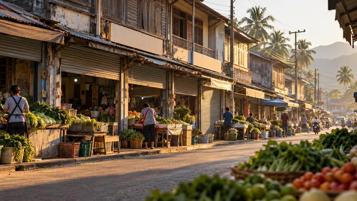 แถวตึกแถวเก่าสองชั้นหน้าตลาดในเมืองต่างจังหวัด ช่วงเช้ามีแผงค้าและคนเดิน