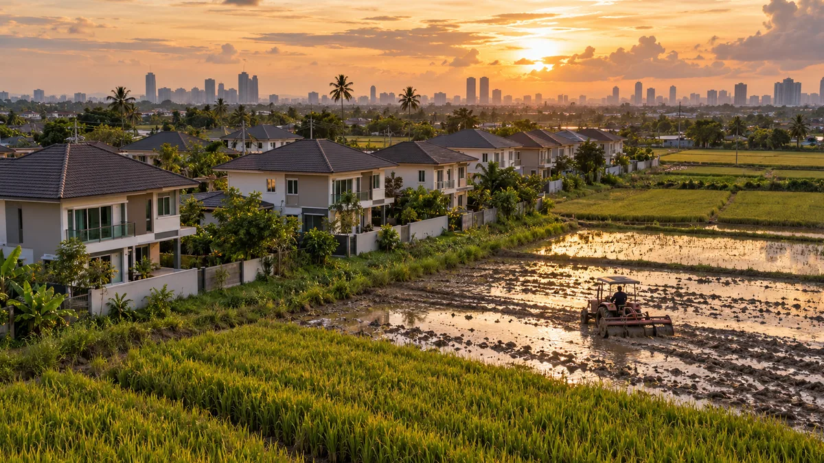 มุมโดรนสูงช่วงเย็น ขอบเมืองที่หมู่บ้านจัดสรรใหม่กำลังรุกเข้าไปในทุ่งนา มีถนนลาดยางเส้นใหม่ตัดผ่าน
